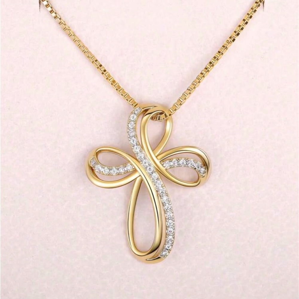 Gold Tone Cubic Zirconia Cross Necklace - Picture 3 of 4